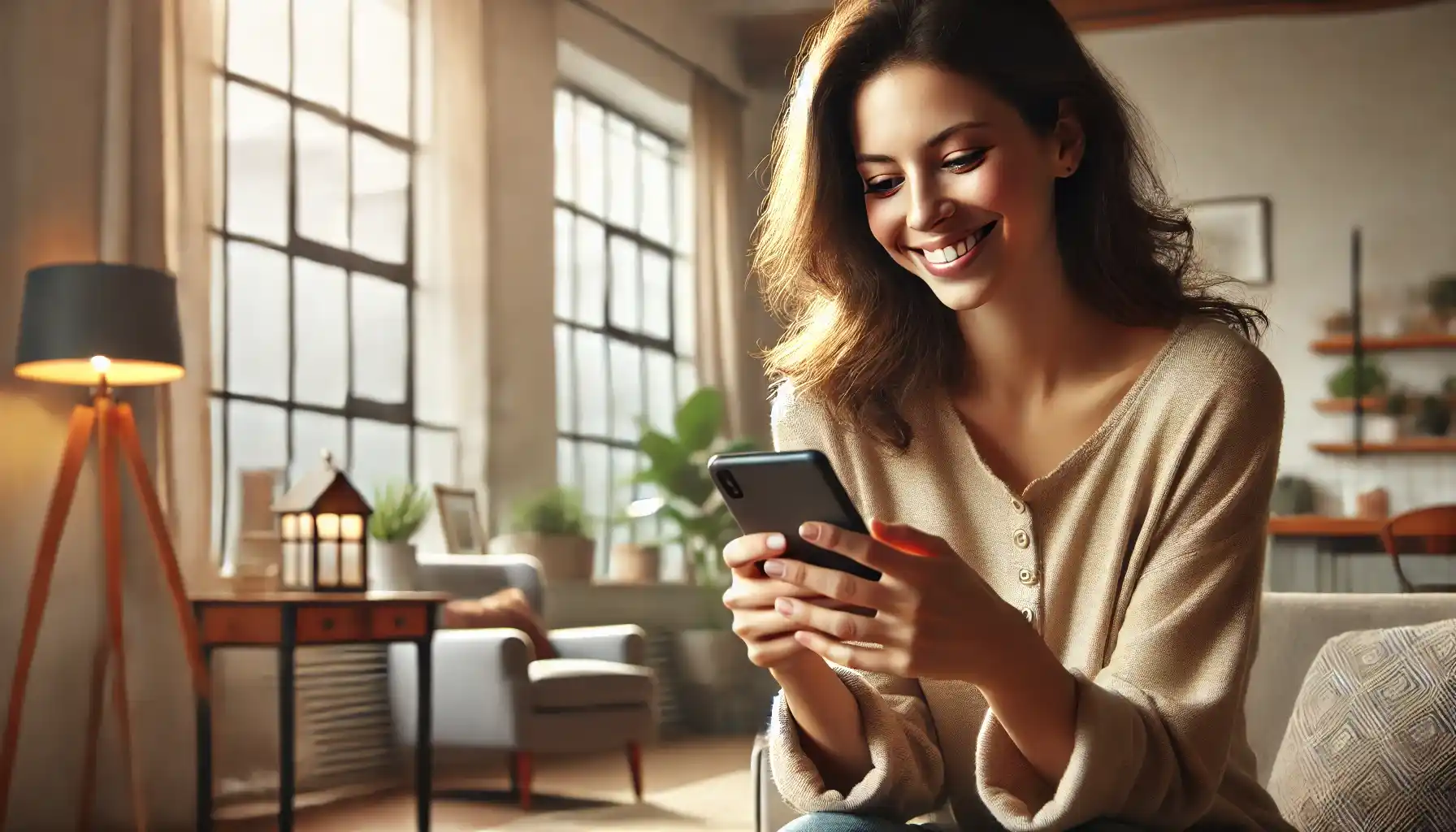 a smiling woman using her smartphone in a cozy and modern environment. 