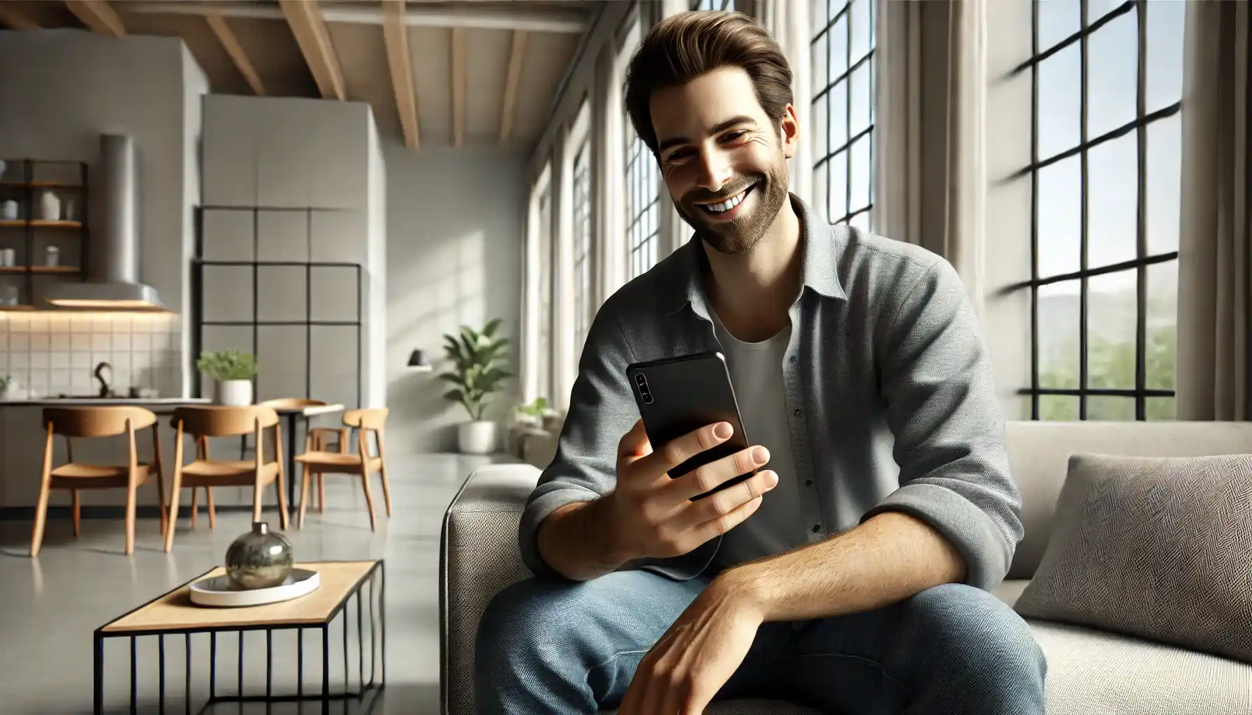 a smiling man using his smartphone in a modern and cozy setting. 