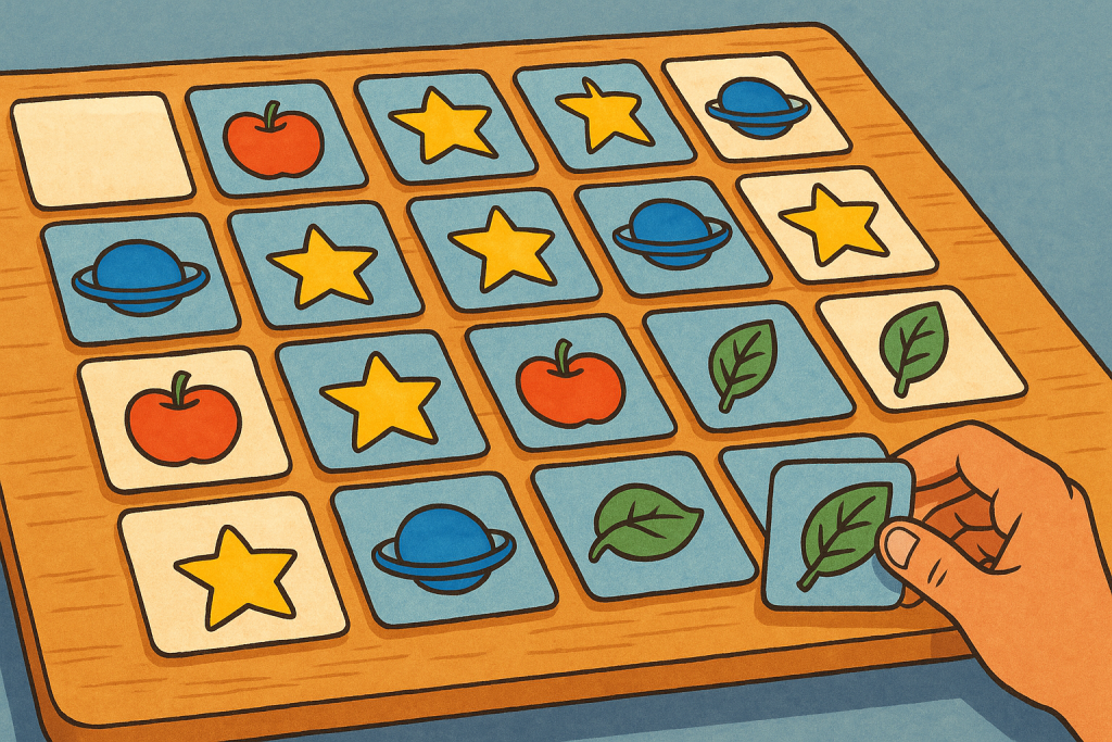 A memory card game on a wooden board, with a hand flipping a green leaf card to match another leaf among symbols like stars, apples, and planets.