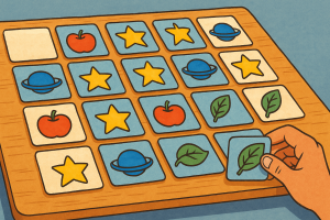 A memory card game on a wooden board, with a hand flipping a green leaf card to match another leaf among symbols like stars, apples, and planets.