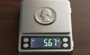 1974 Washington Quarter on the scale weighing 5.67 g