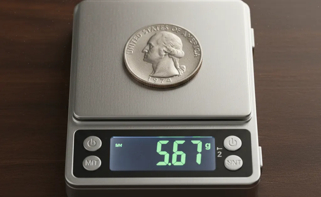 1974 Washington Quarter on the scale weighing 5.67 g