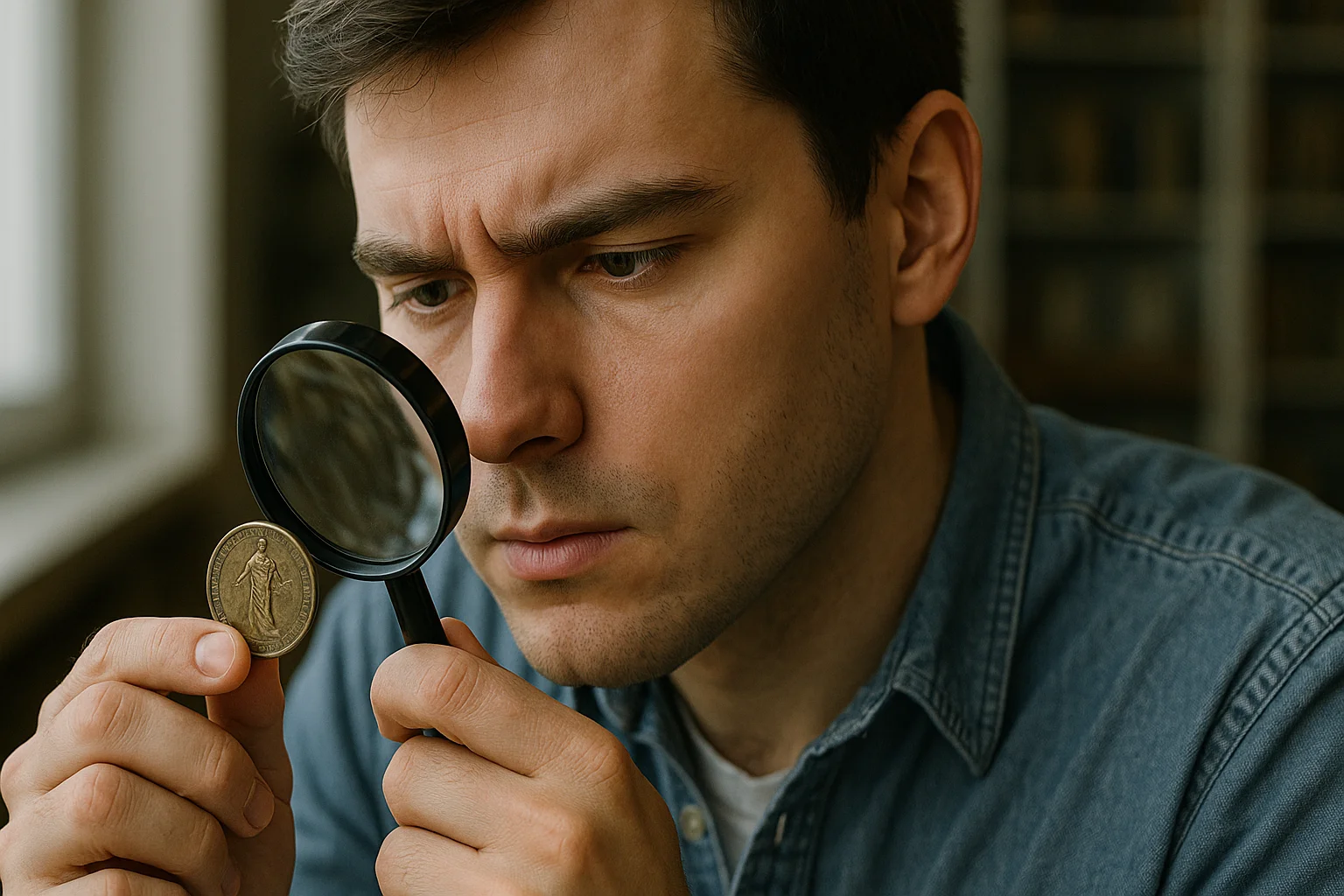 A young collector examines a coin under a magnifying glass, checking surface details and relief to estimate its true market value.