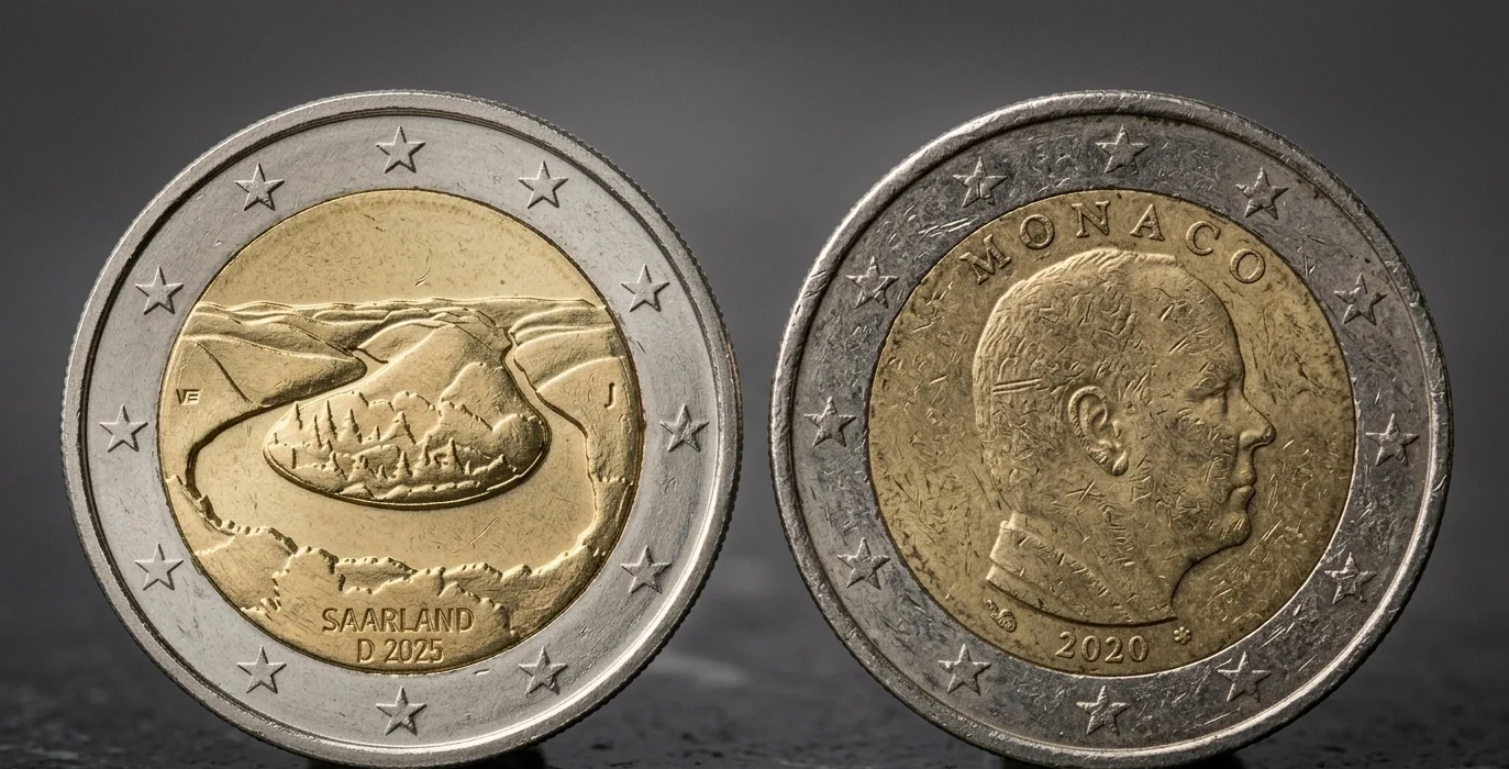 Minimalistische Komposition mit zwei 2-Euro-Münzen unterschiedlicher Seltenheit